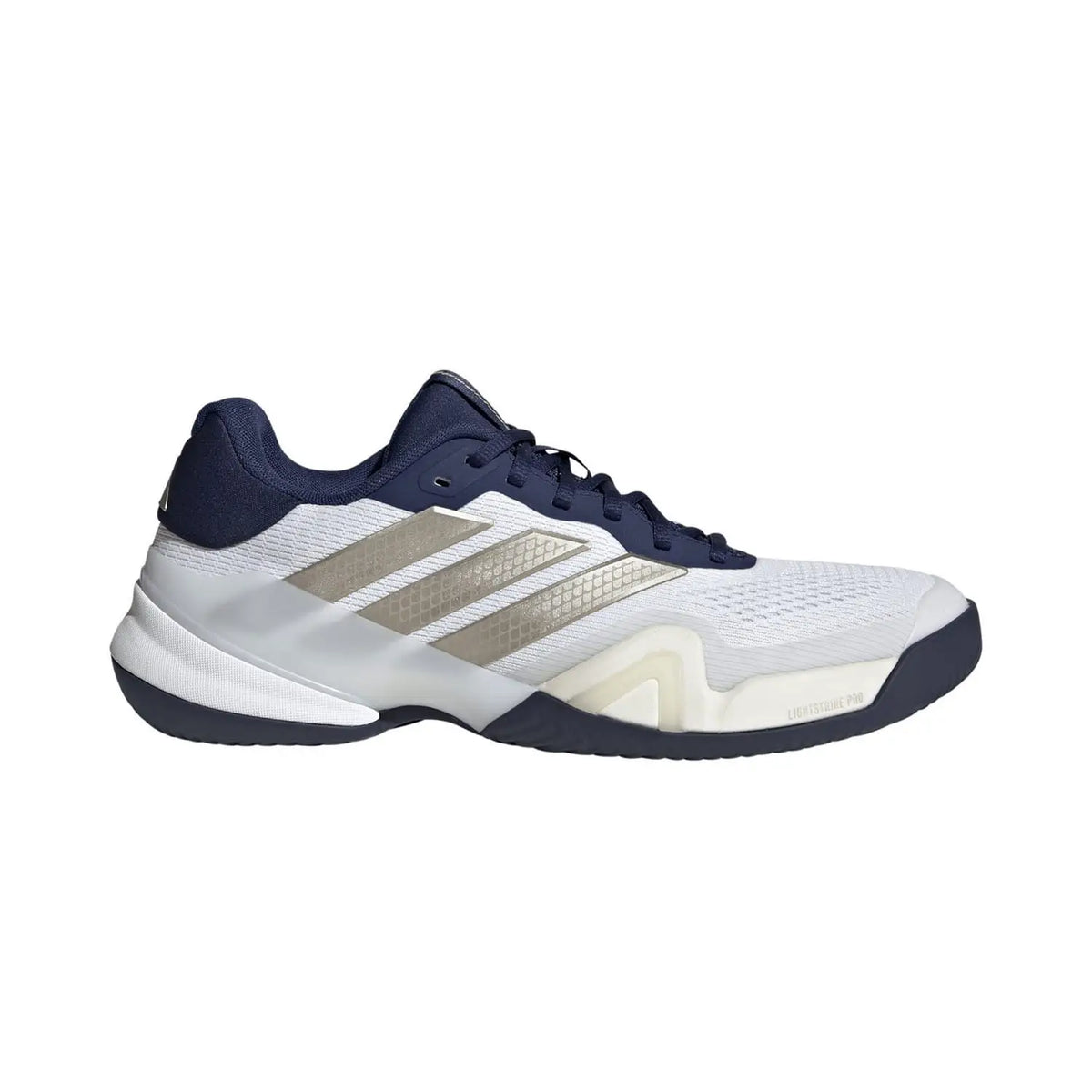 Adidas Barricade 14 M tennis shoes in white and blue, men's UK 9.5, with supportive design and athletic style.