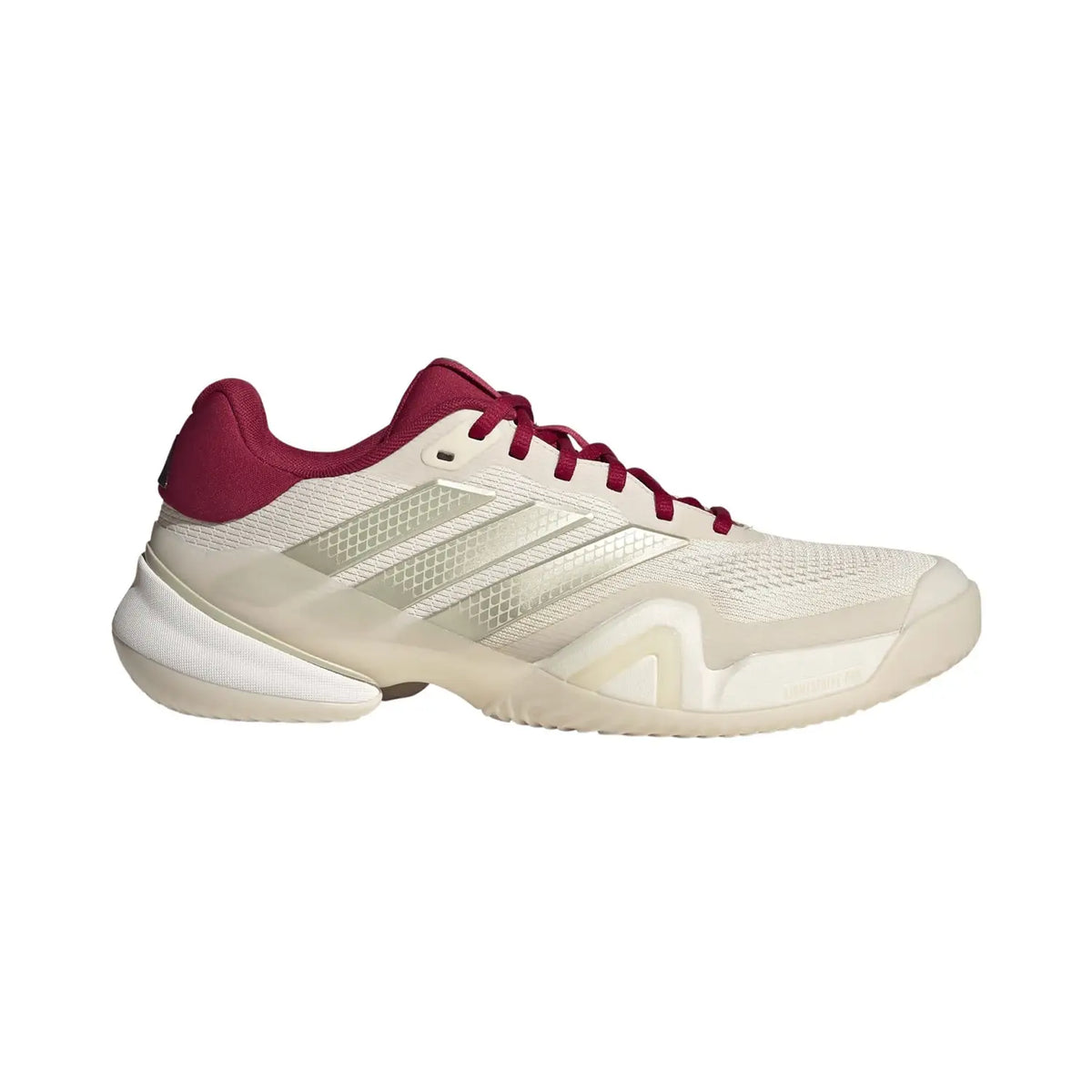 Adidas Barricade 14 M tennis shoes in beige and red, UK size 10, featuring white and maroon design details.