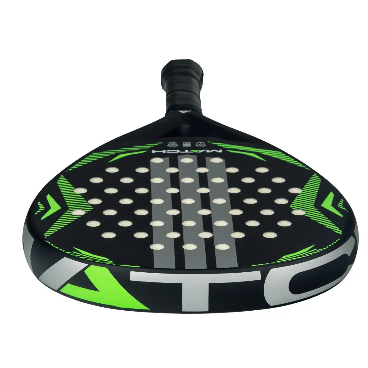 Adidas Match Black Lime 2026 padel racket with black and lime green design, showing the racket's face and handle.