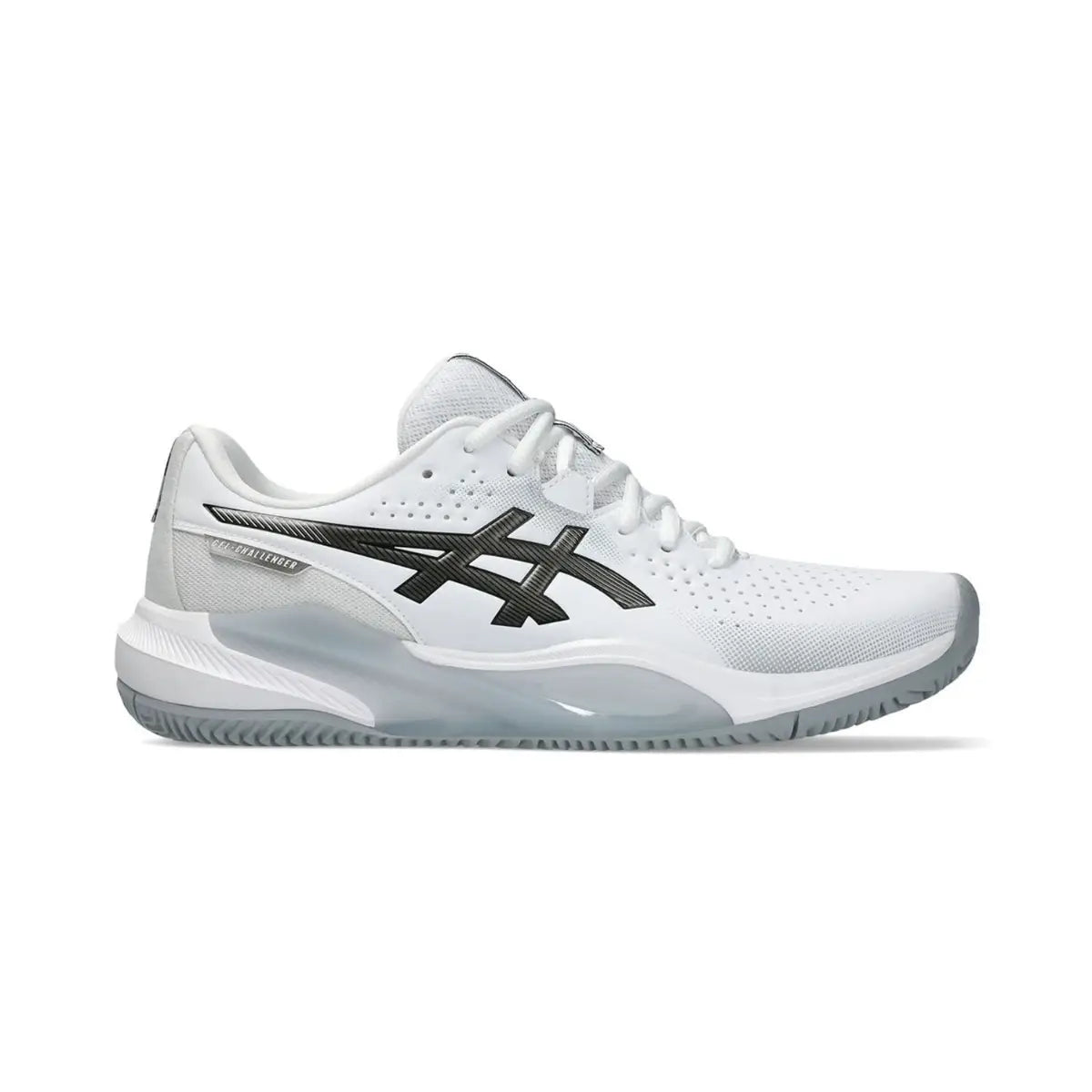 ASICS Gel-Challenger 15 Clay tennis shoes in white with gunmetal accents, UK 9.5, EU 44.5, designed for tennis players.