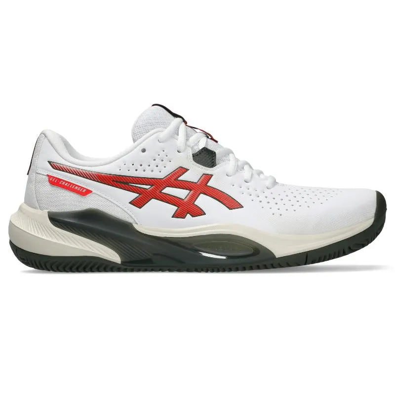 Asics Gel-Challenger 15 clay court shoes in white and cherry tomato color, showing the side view and textured outsole.