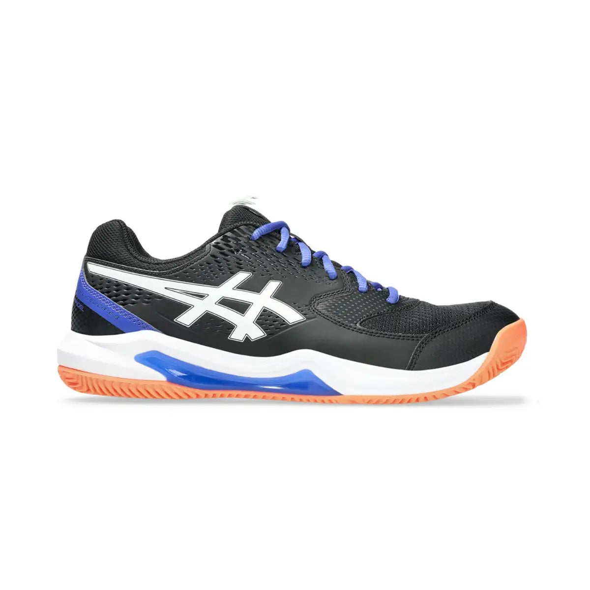 ASICS Gel-Dedicate 8 padel shoes in black, blue, and orange with white accents, UK size 9, EU size 44, showing side view