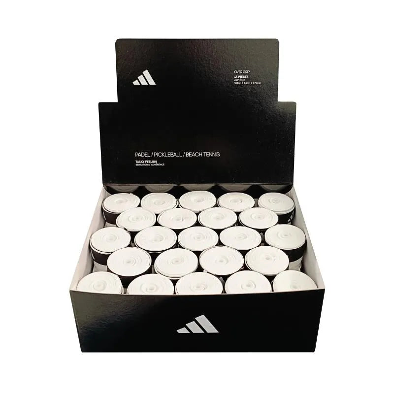 White Adidas 45 Overgrips with tacky feel for improved grip and control during tennis or badminton gameplay.