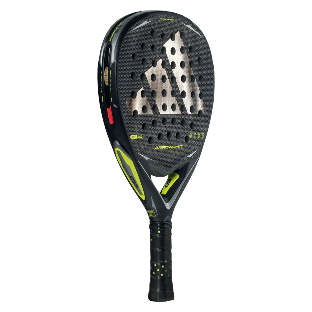 Adidas Arrow Hit 2026 ATTK padel racket with black and white design, featuring a rounded shape and grip handle.