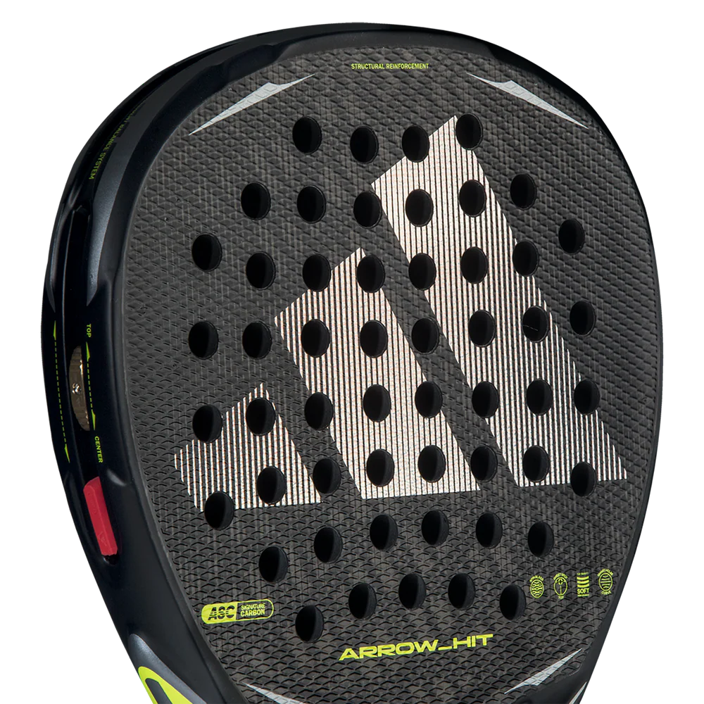 Adidas Arrow Hit 2026 ATTK padel racket with black and white design, featuring a rounded shape and grip handle.