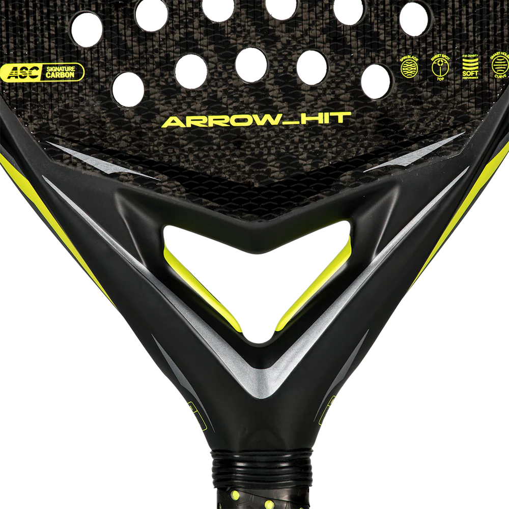 Adidas Arrow Hit 2026 ATTK padel racket with black and yellow design, featuring a lightweight frame and textured hitting surface.