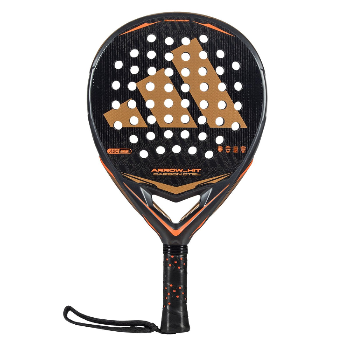 Adidas Arrow Hit Carbon CTRL 2026 padel racket with black and white design, featuring a carbon fiber surface and ergonomic grip.