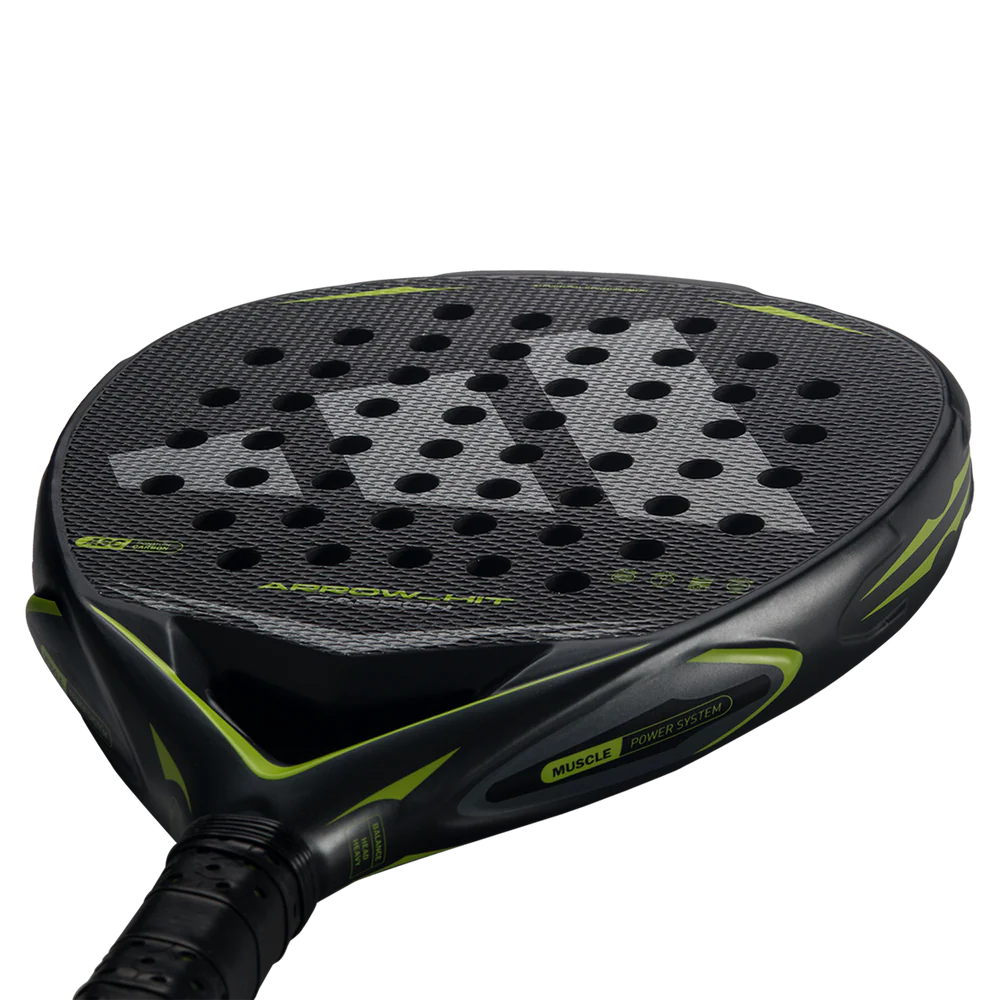 Silver Adidas Arrow Hit Carbon ATTK 2026 padel racket with sleek design and lightweight construction for enhanced performance.