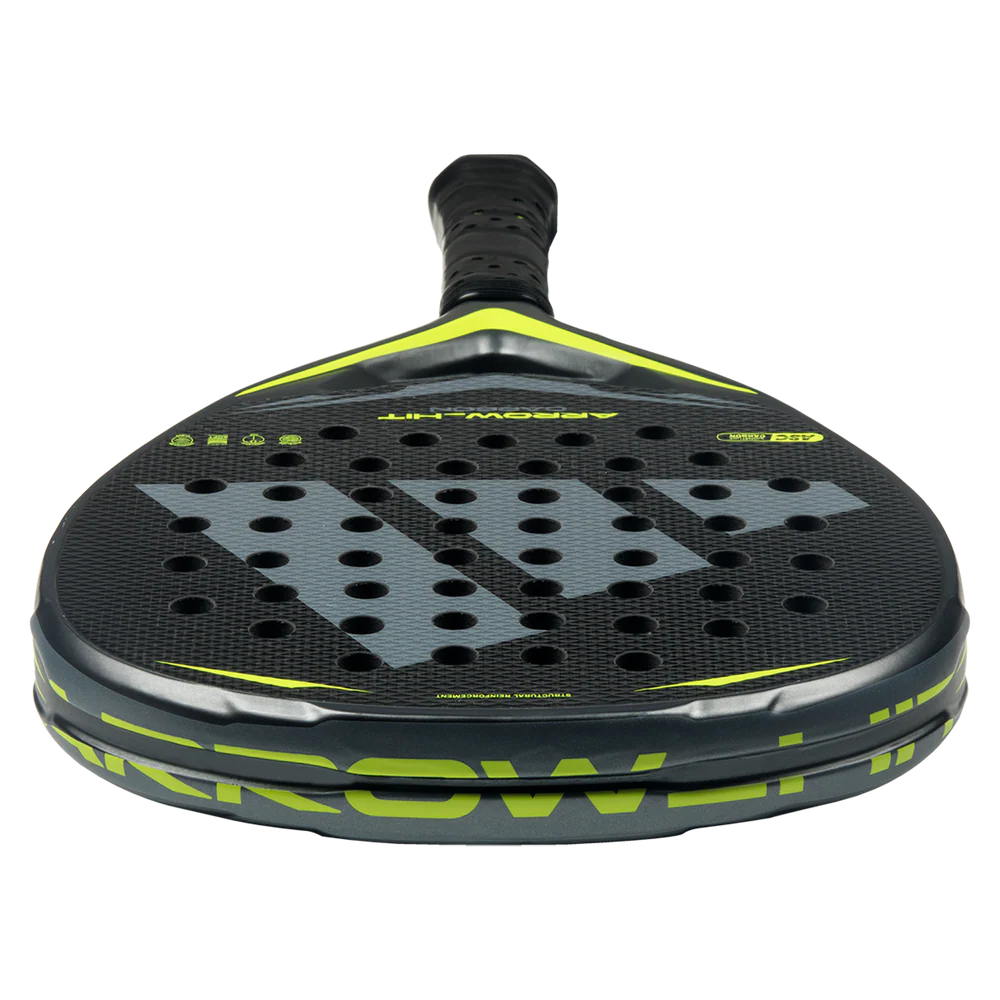 Silver Adidas Arrow Hit Carbon ATTK 2026 padel racket with a sleek design, featuring a carbon fiber frame and modern grip.