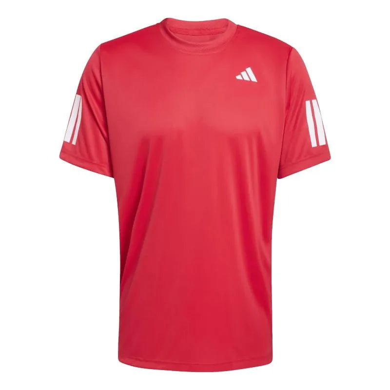 Medium Adidas Club 3 Stripes T-Shirt in ruby red, featuring classic three white stripes on the sleeves and a comfortable fit.