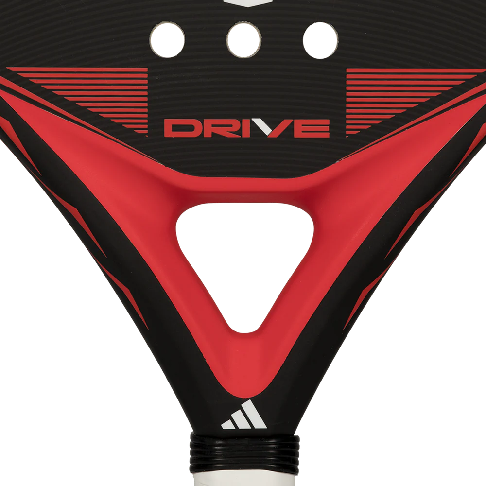 Adidas Drive Black 2026 padel racket with black and white design, featuring a sleek shape and grip for optimal gameplay.
