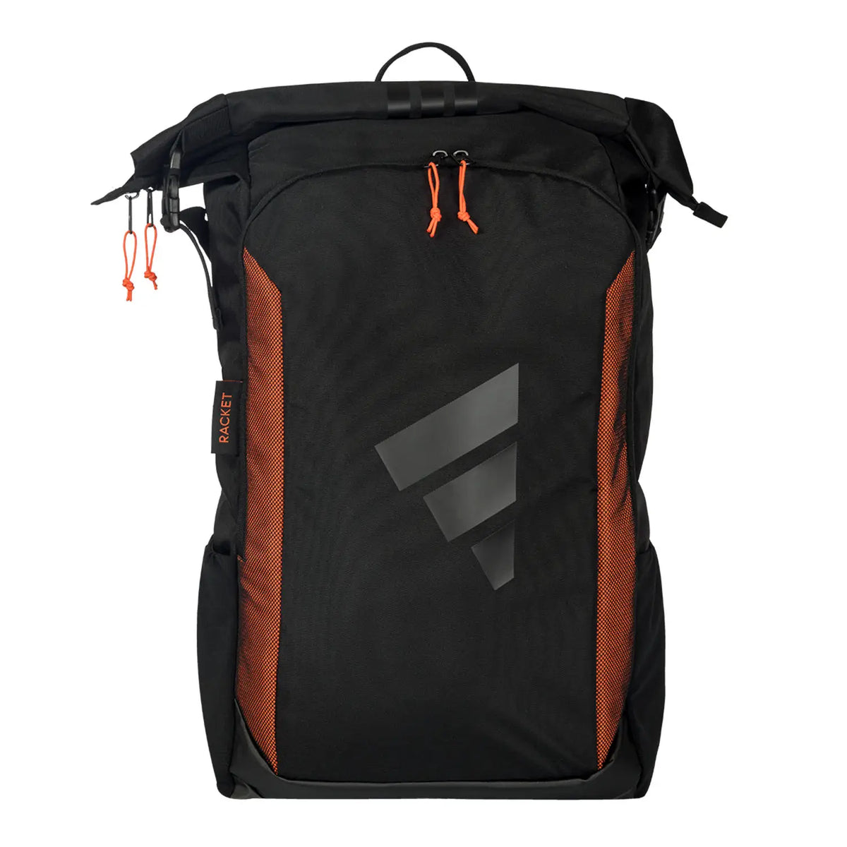 Adidas Multigame 3.4 padel backpack in black and orange with multiple compartments and padded shoulder straps.