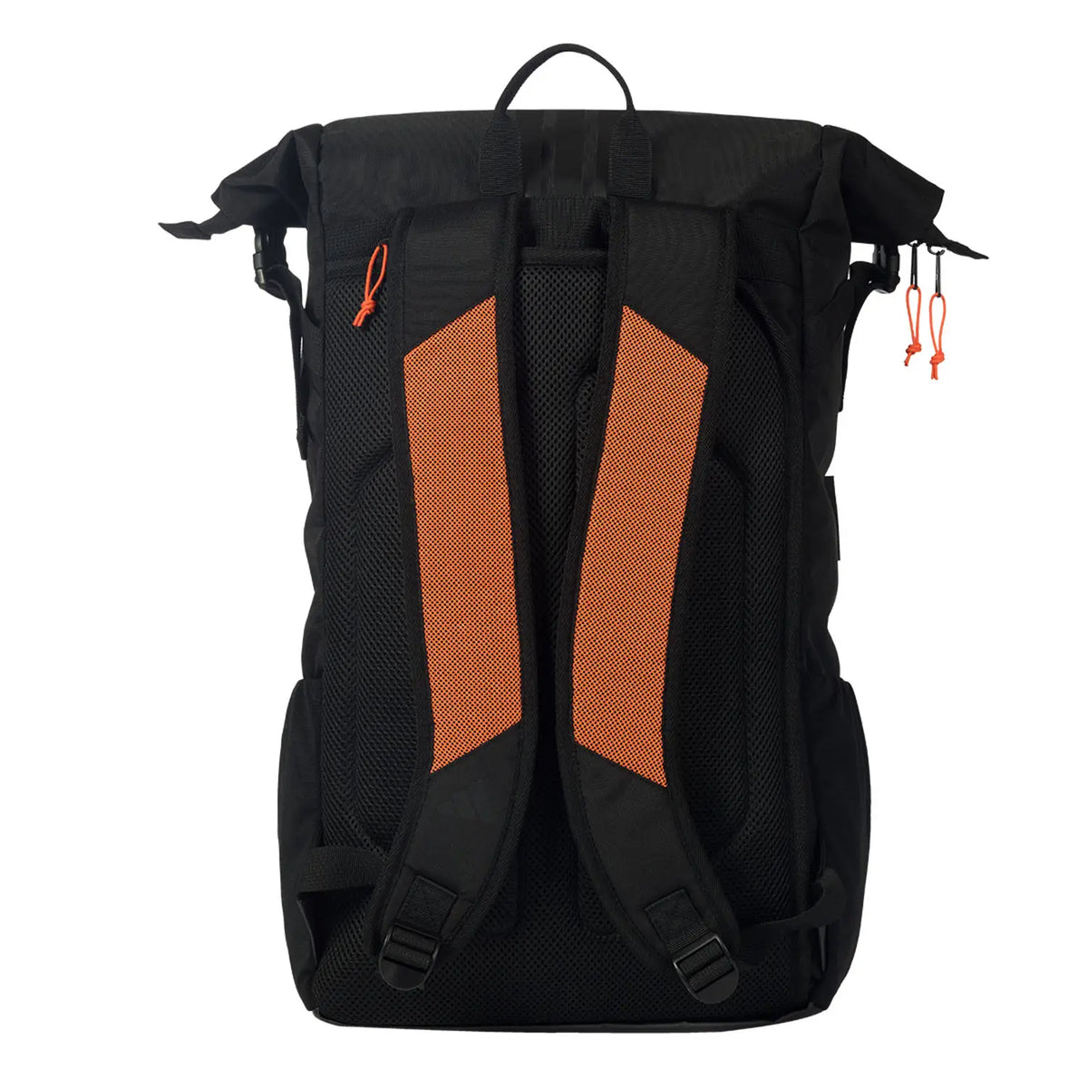 Adidas Multigame 3.4 padel backpack in black and orange with multiple compartments and padded straps for sports gear storage