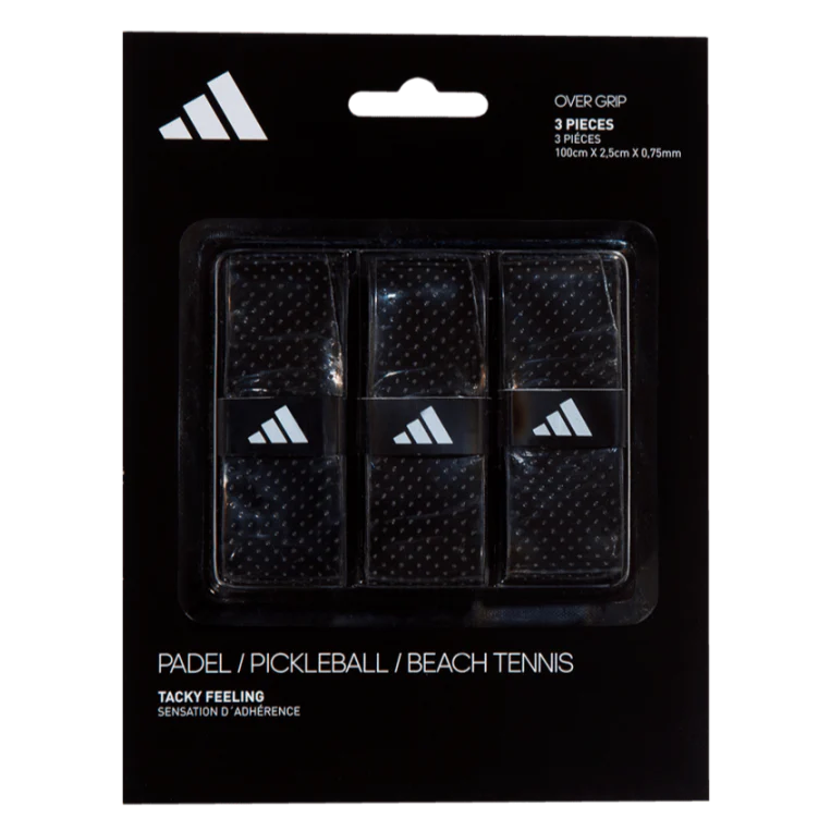 Black Adidas Padel overgrips in a 3-pack, shown in a close-up of the textured grips for tennis or padel rackets.