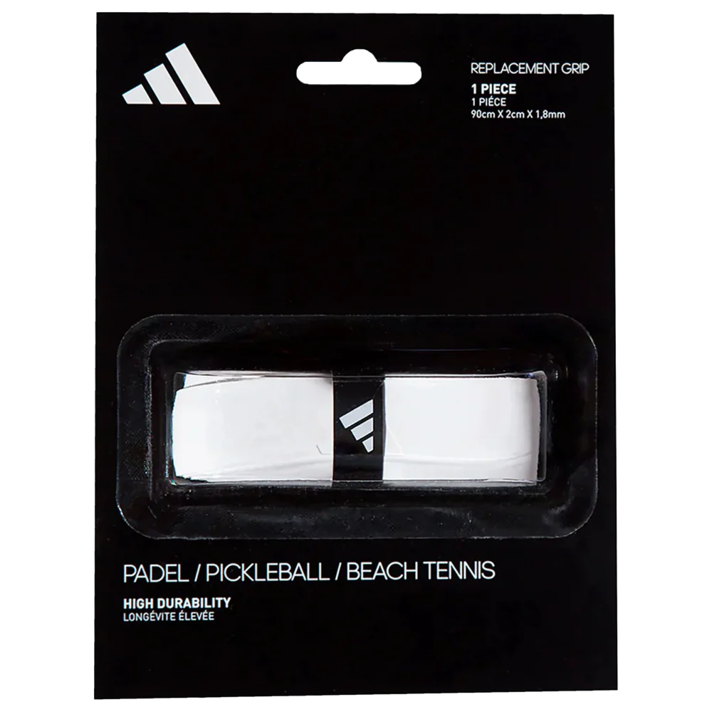 White Adidas Padel replacement grip showing textured surface and branding for secure racket handling.
