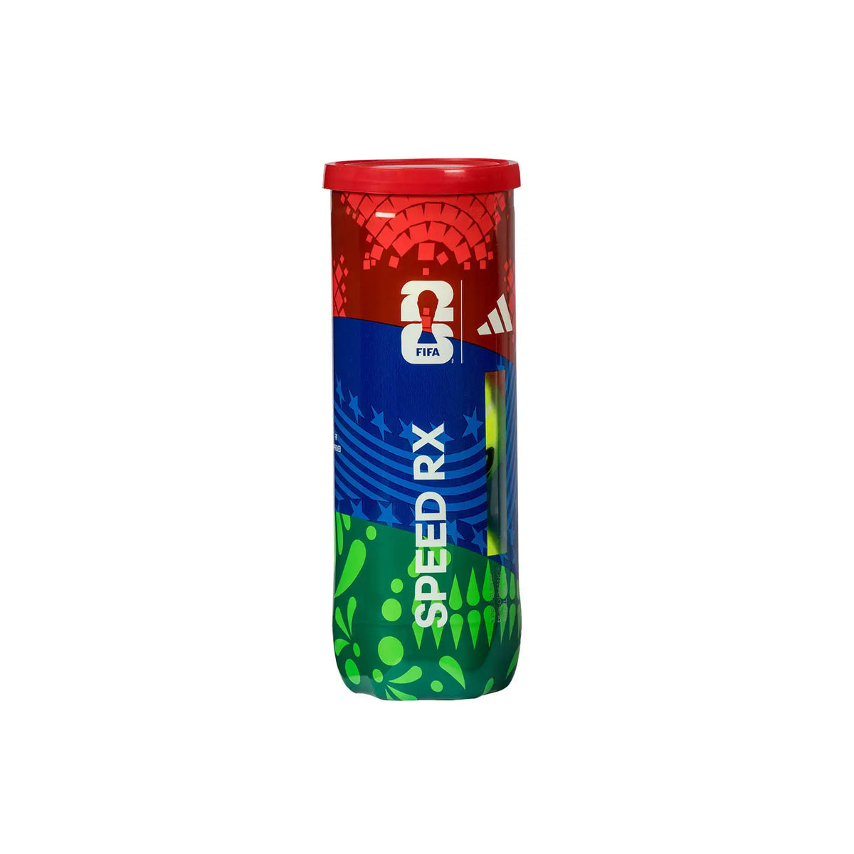 Adidas World Cup Speed RX 2026 3-ball can with three official soccer balls, featuring bold design and branding.