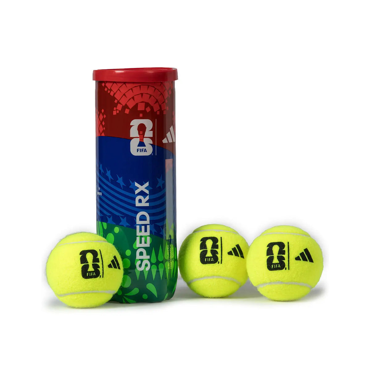 Adidas World Cup Speed RX 2026 3-ball can with three soccer balls featuring Adidas branding and colorful designs.