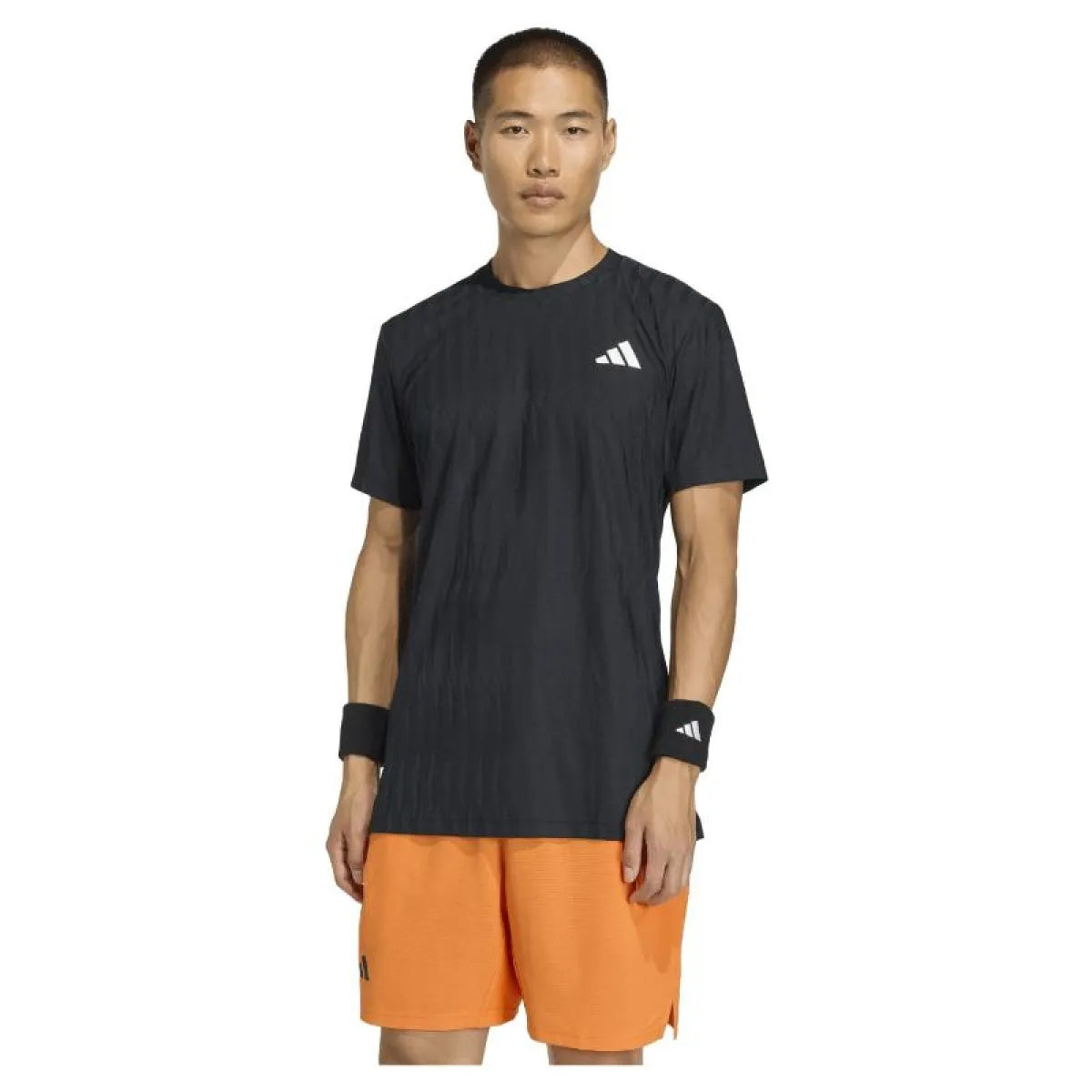 Black Adidas Tennis Freelift T-Shirt in large size, featuring a sleek fit and breathable fabric suitable for sports and casual wear.