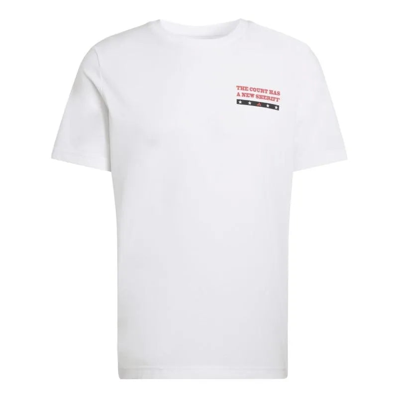 White Adidas Wanted graphic T-shirt for padel, large size, casual tennis-inspired men's t-shirt with bold graphic design.