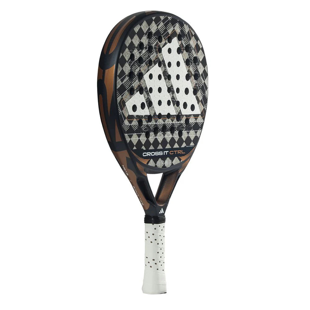 Adidas Cross It CTRL 2026 Padel racket showing the black and blue design with grip and strings visible.