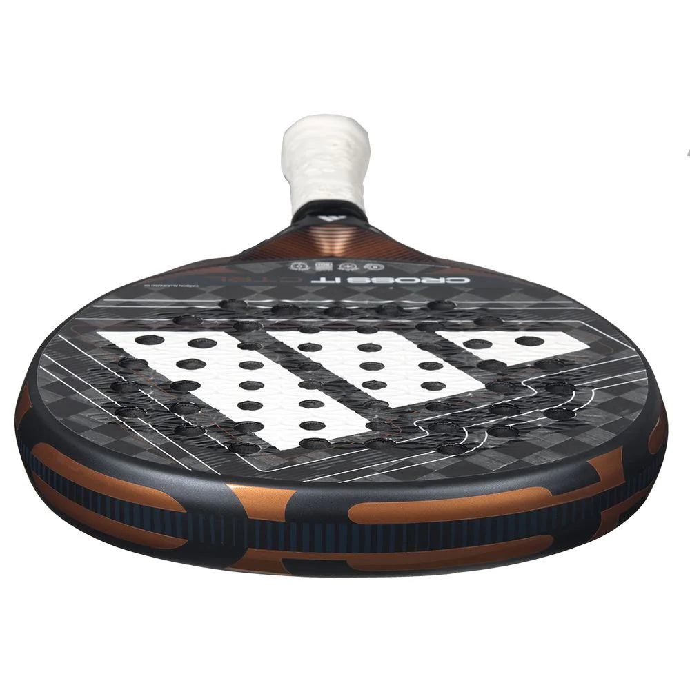 Adidas Cross It CTRL 2026 Padel Racket with black and yellow design, showing the racket's handle and hitting surface.