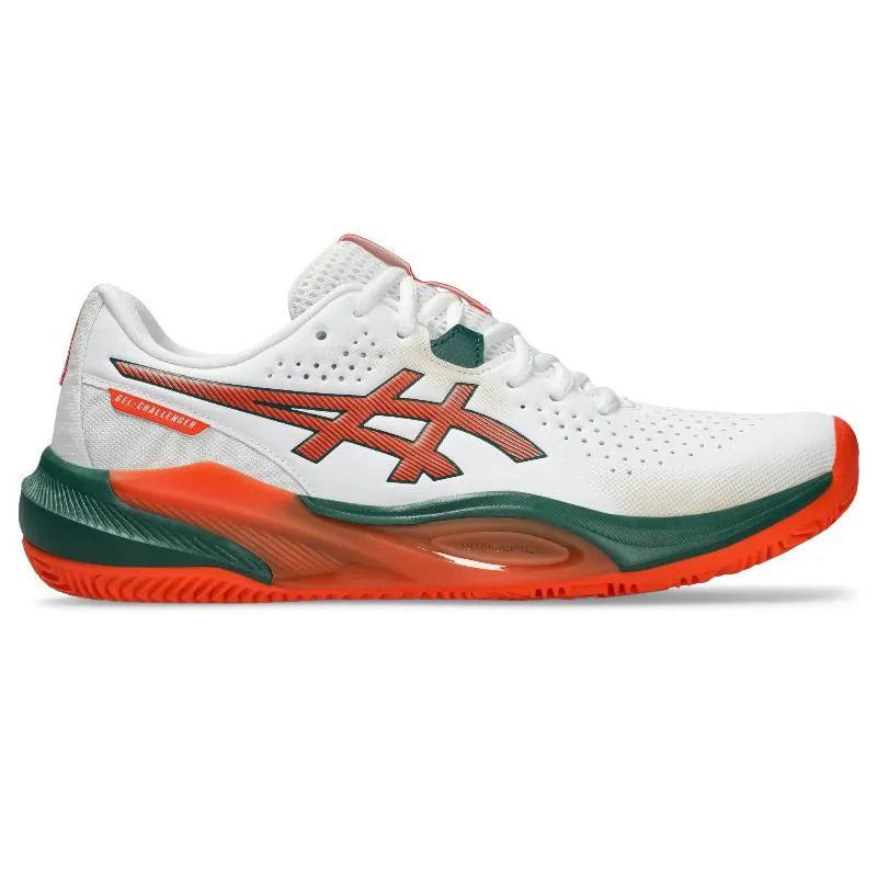Asics Gel-Challenger 15 court shoes in white and orange for padel, featuring supportive design and athletic style.