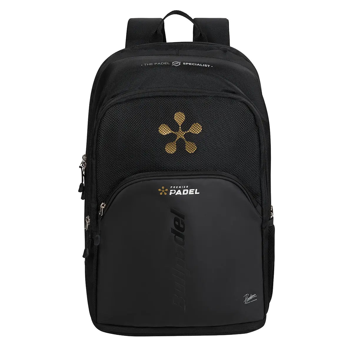 Black Bullpadel Vertex Geo Premier Pádel backpack with multiple compartments and padded straps for comfortable carry.
