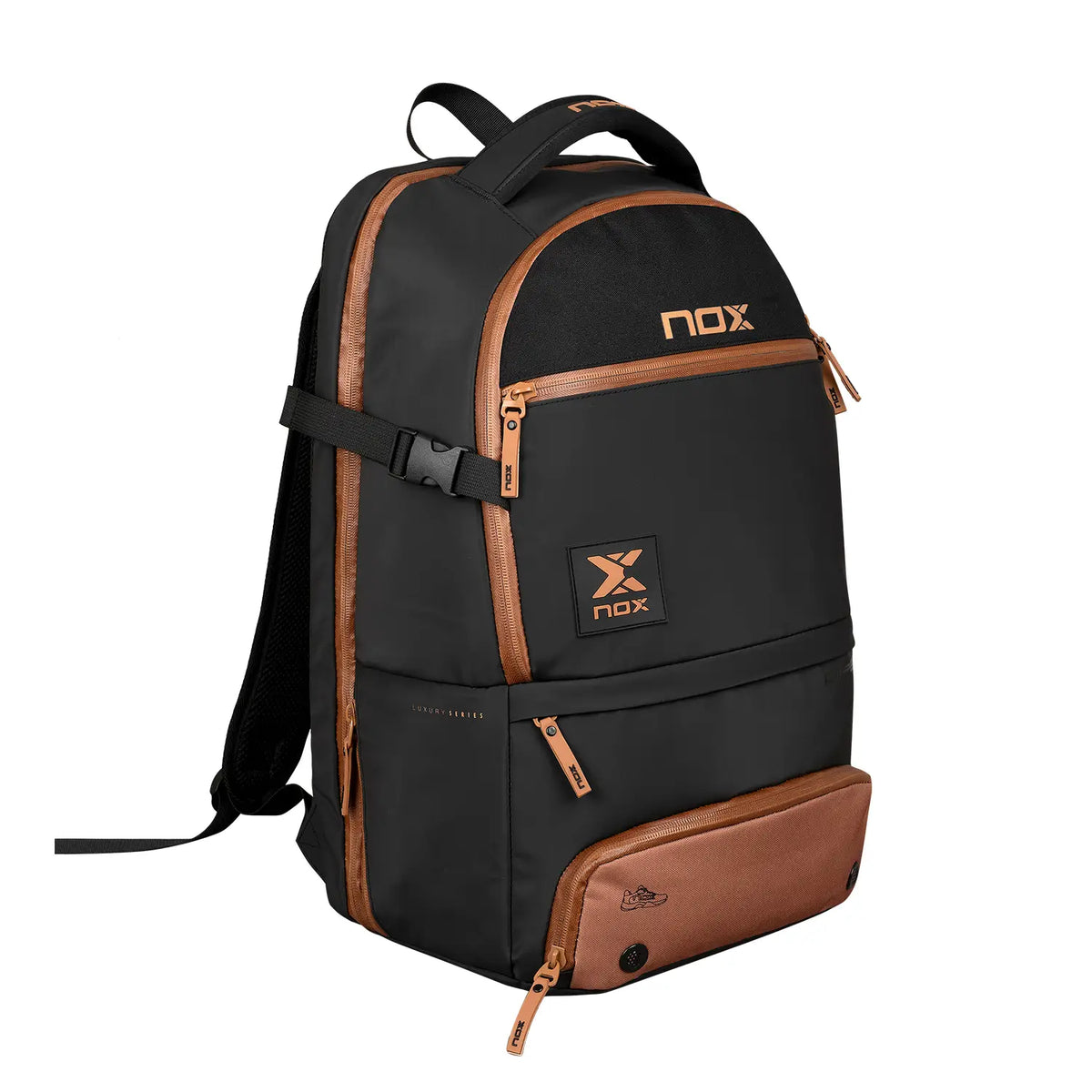 Nox Luxury Open Series black-brown padel backpack with multiple compartments and padded straps for comfortable carrying.