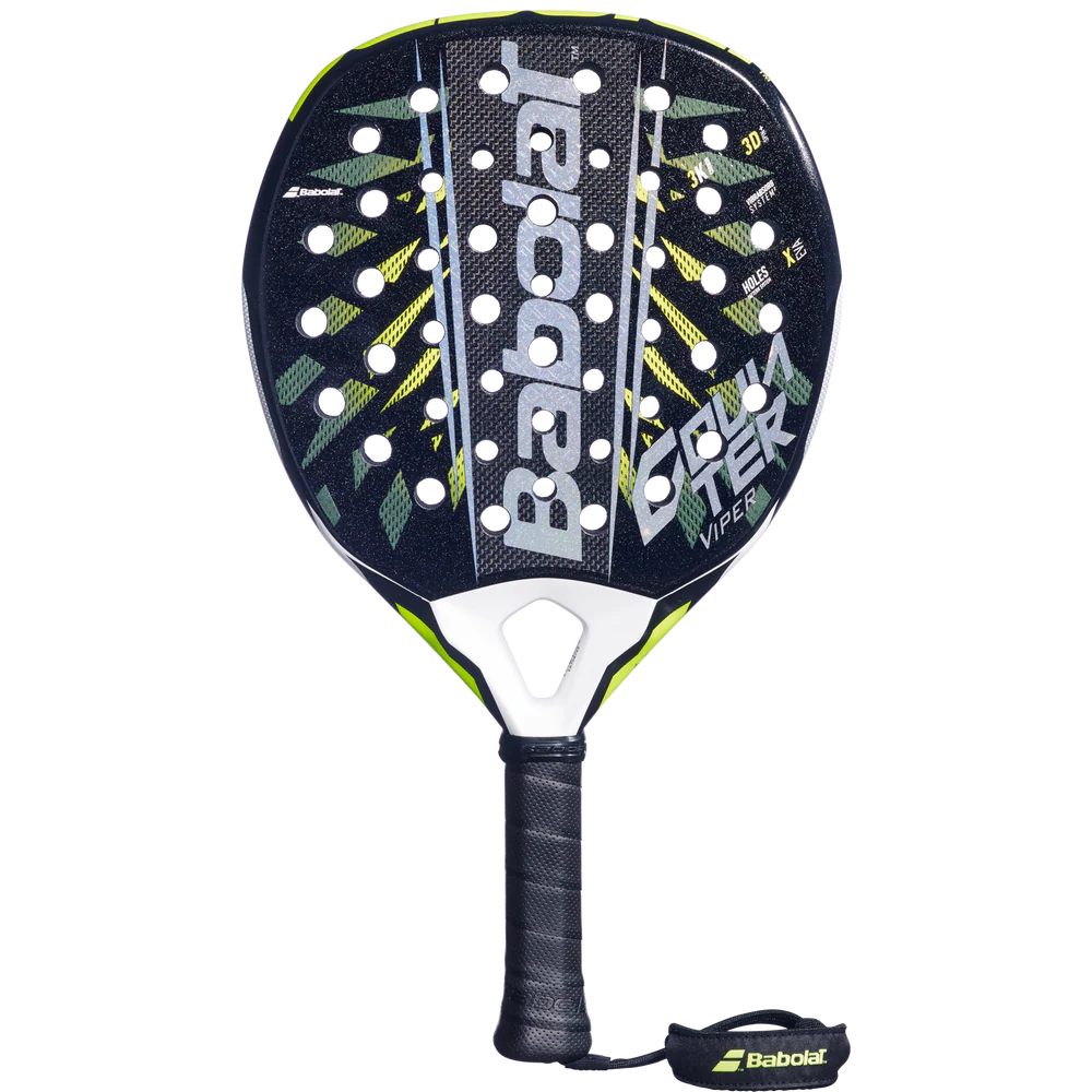 Babolat Counter Viper 2.6 padel racket with black and yellow design, lightweight frame, and textured hitting surface.