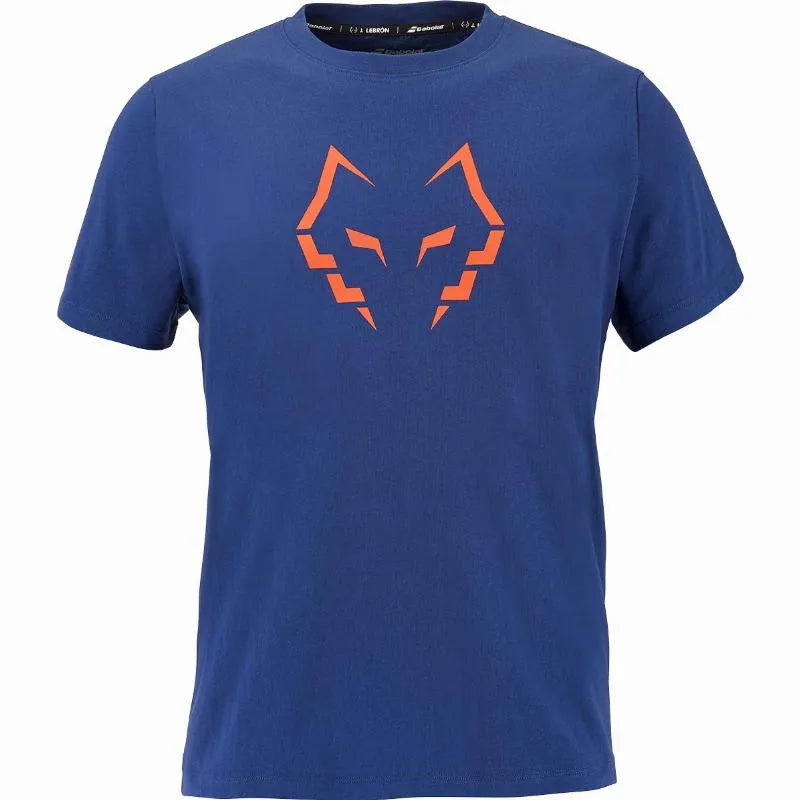 Babolat Juan Lebron tennis T-shirt in navy blue with orange accents, shown in XXL size, featuring athletic fit and branding details.
