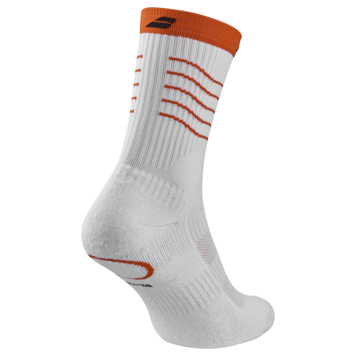 Babolat Juan Lebrón white mid-calf padel tennis socks with orange accents, designed for comfortable sports performance.