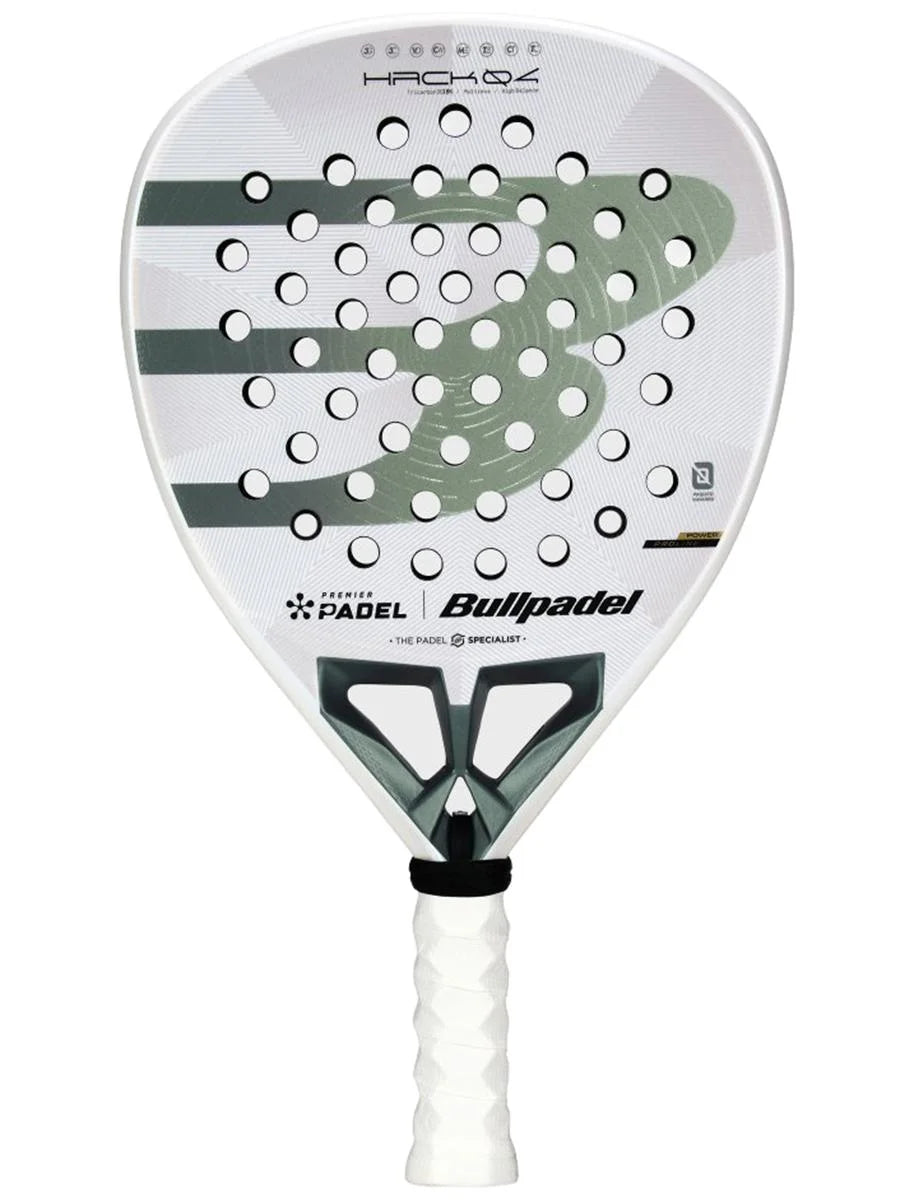 Bullpadel Hack 04 Premier Padel Racket 2026, black and yellow design, showing the racket's frame and strings, highlighting its sporty appearance.