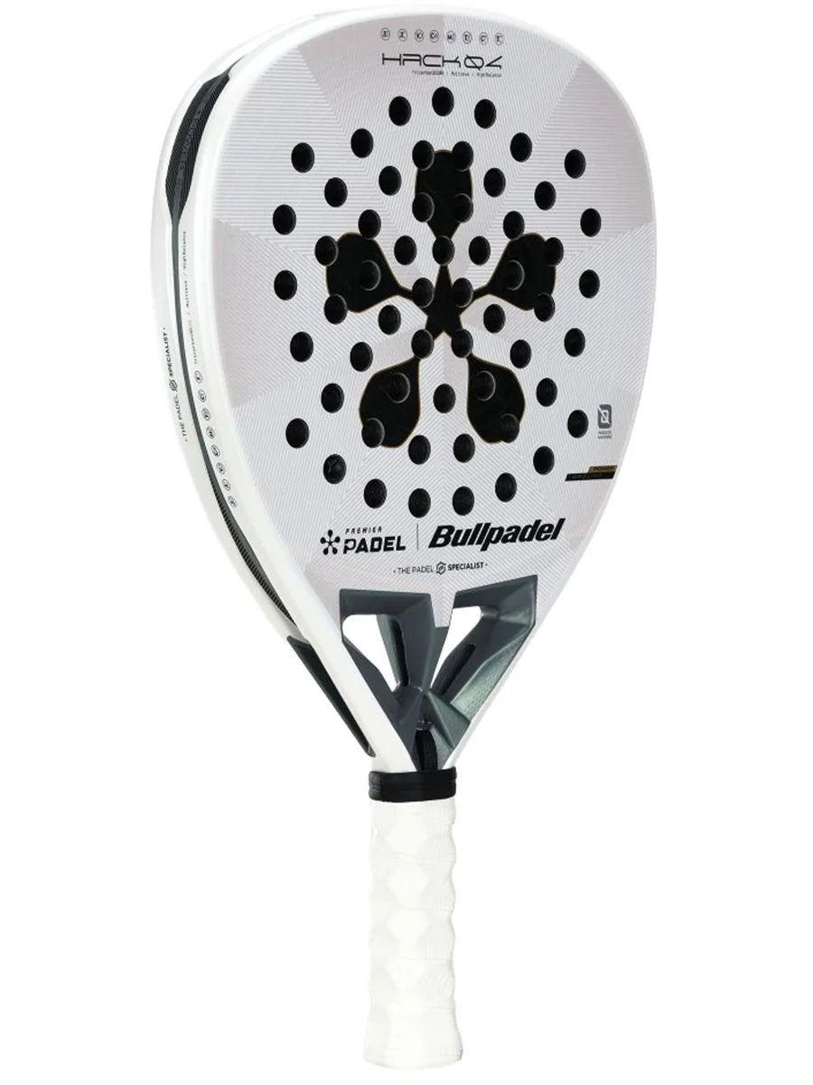 Bullpadel Hack 04 Premier Padel Racket 2026, black and red design, showing the racket's frame and string pattern.