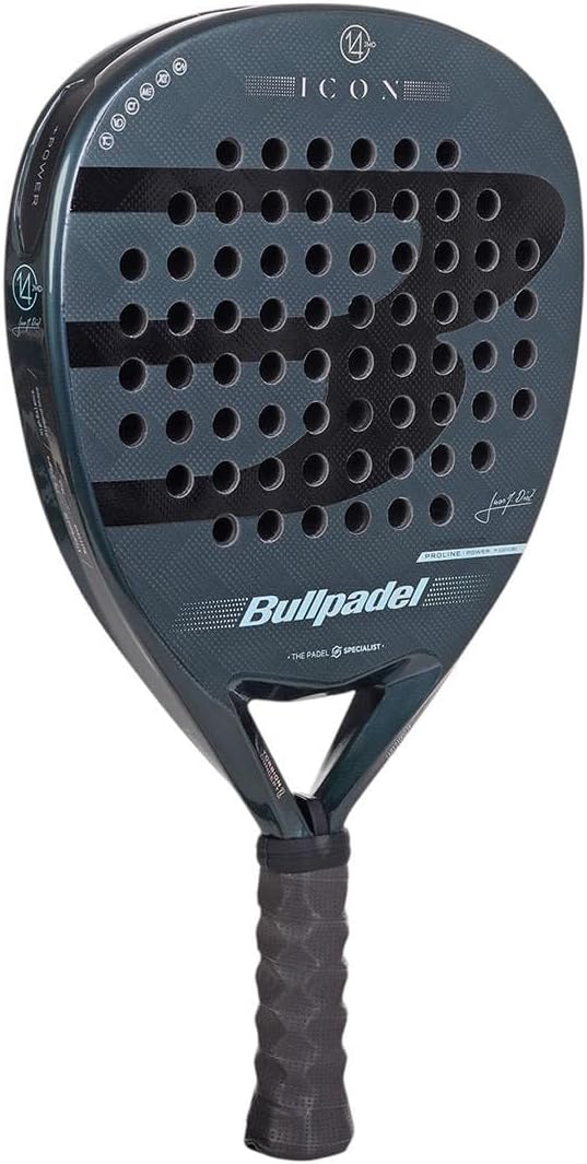 Bullpadel Icon 25 padel racket displayed with black and white design, lightweight frame, and ergonomic handle for enhanced performance.
