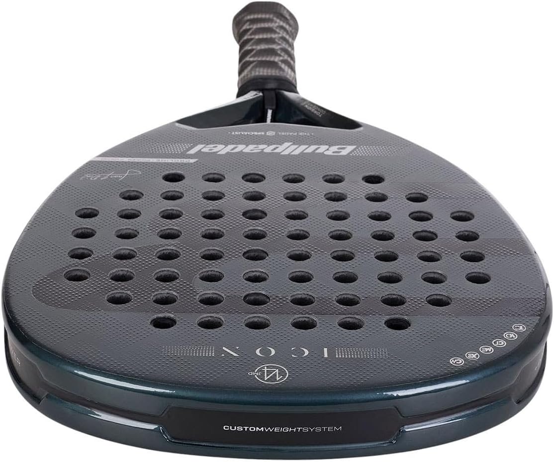 Bullpadel Icon 25 padel racket with black and white design, featuring the brand logo and ergonomic handle for advanced play.
