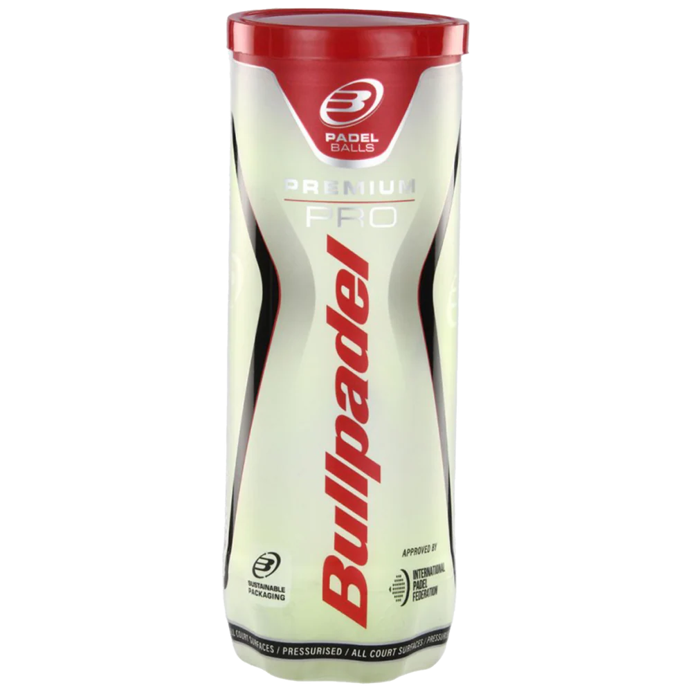 Tube of three Bullpadel Premium Pro padel balls, featuring bright yellow balls with branding and textured surface for optimal play.