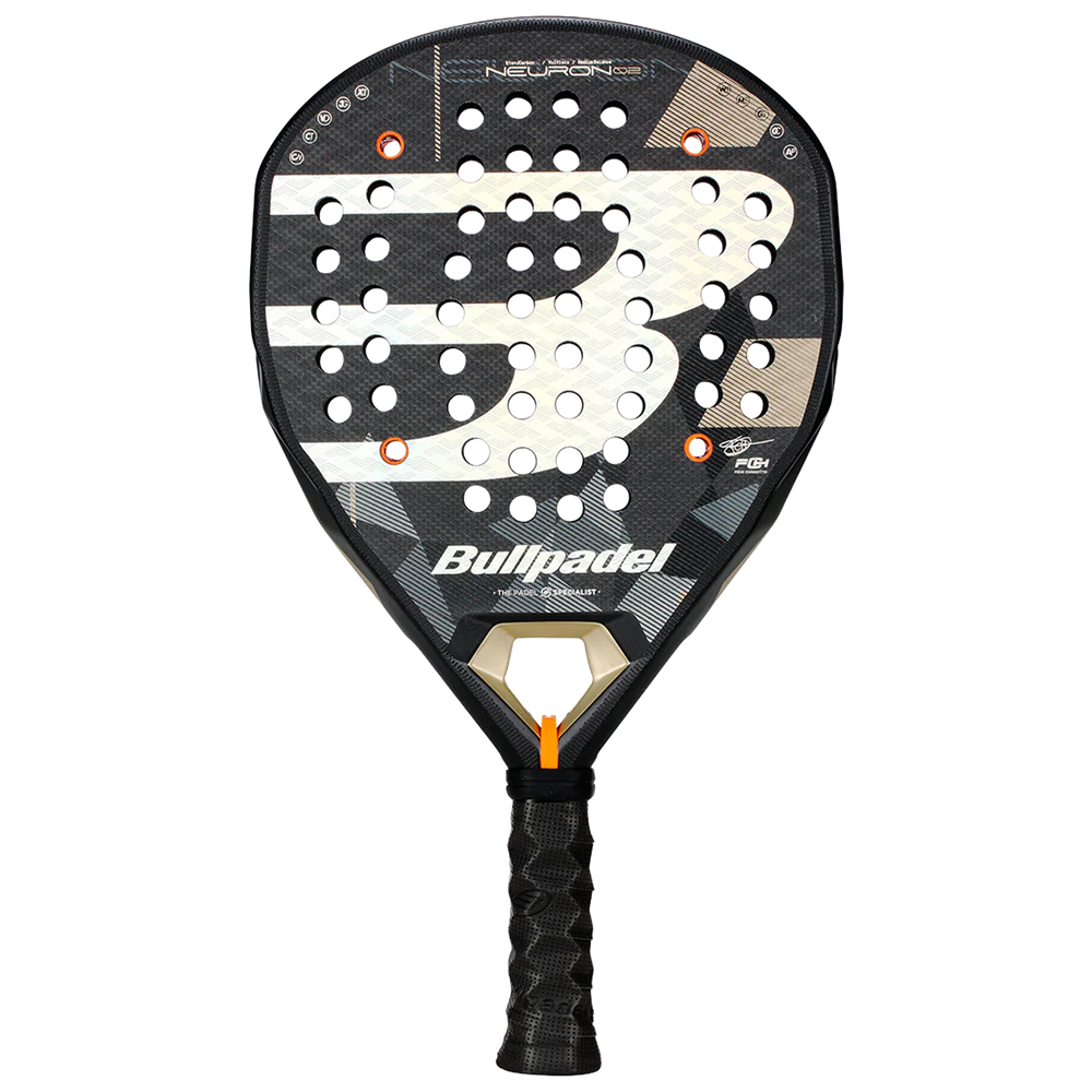 Bullpadel Neuron 02 padel racket with graphite and carbon fiber design, featuring a rounded shape and cushioned grip.