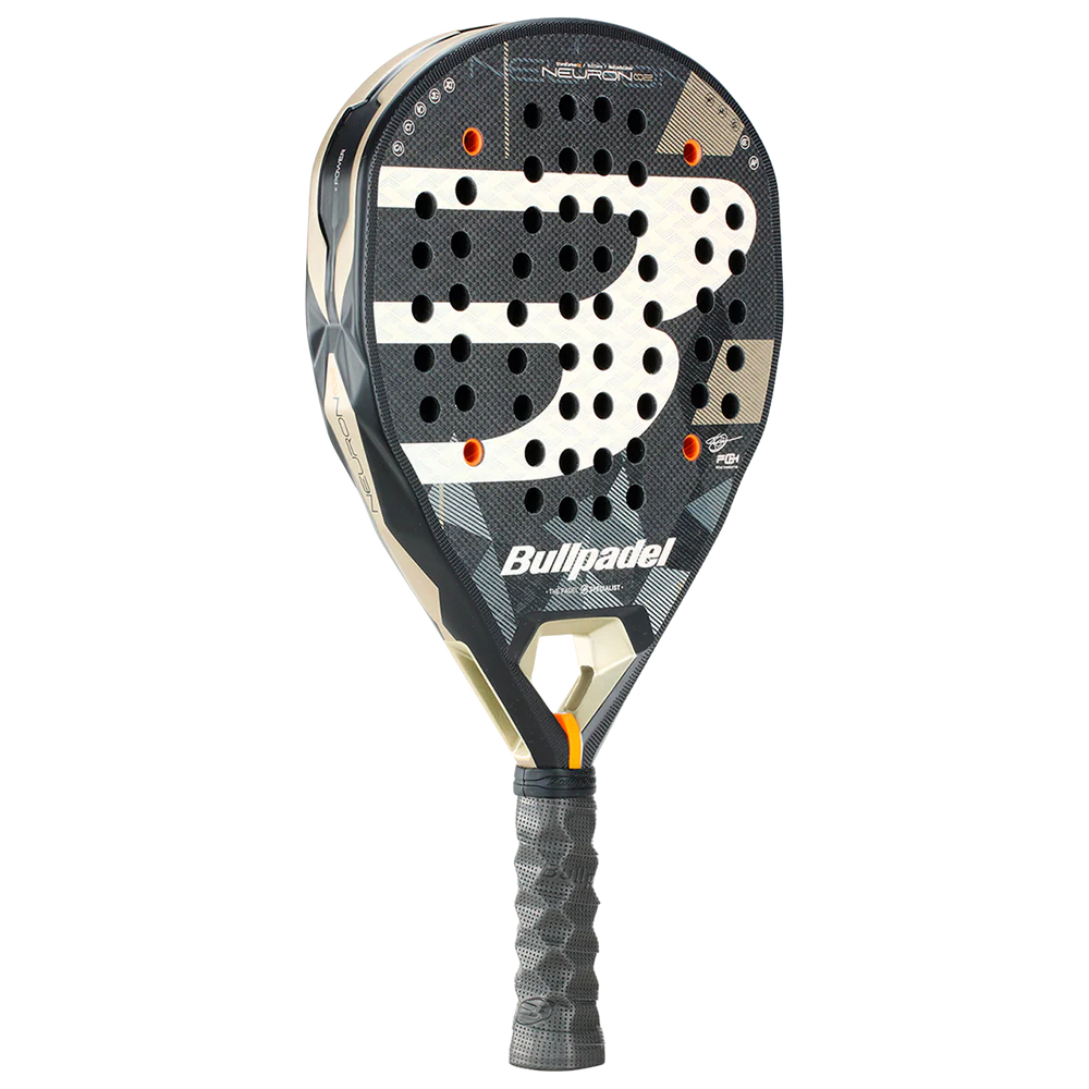 Bullpadel Neuron 02 Padel Racket with a sleek black and red design, featuring a rounded frame and textured surface.