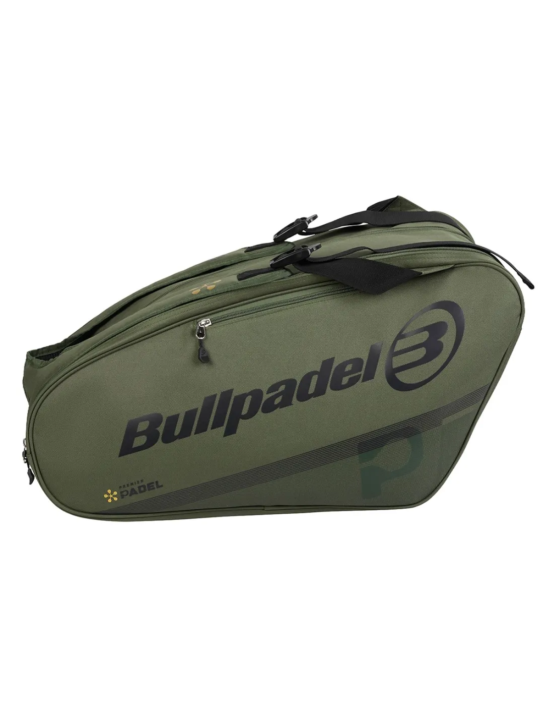Bullpadel Tour Premier Kaki 26 Padel Bag with multiple compartments, gray and beige design, and padded shoulder straps.
