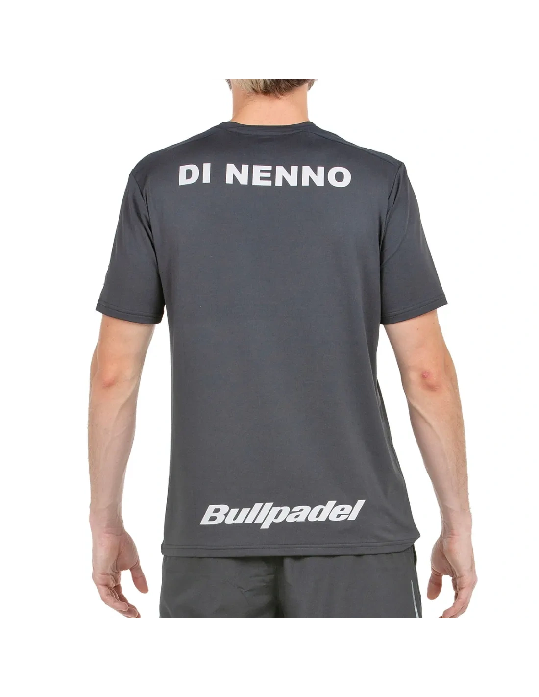 Black Bullpadel Di Nenno 25V T-Shirt in XL displayed on a hanger, showcasing the sporty design and branding details.