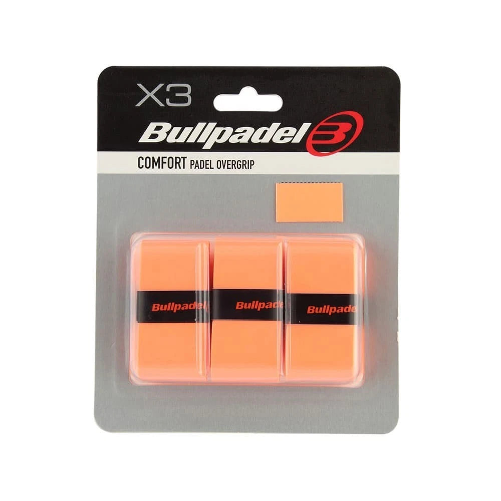 Orange Bullpadel Comfort Overgrips for padel tennis, 3-pack, shown on a racquet grip with textured surface for added comfort.