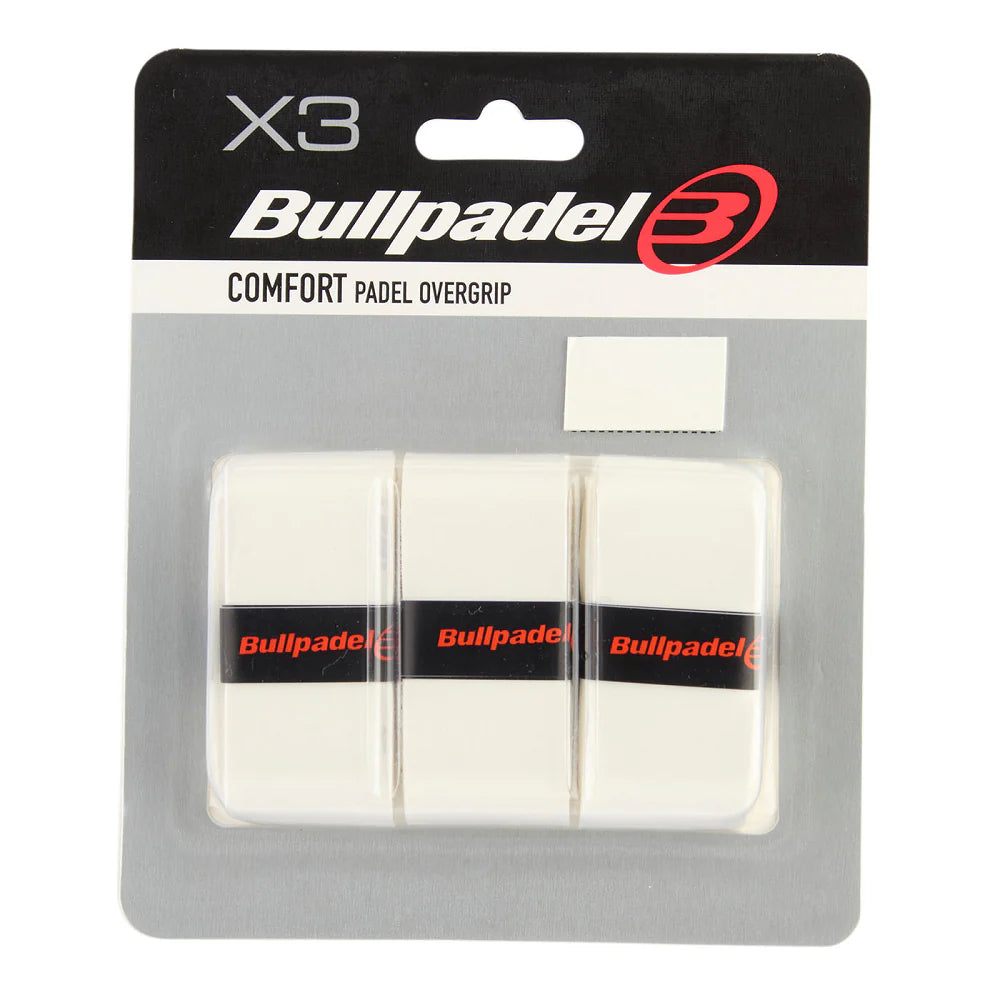White Bullpadel Comfort Overgrips for padel tennis, shown in a 3-pack, designed for enhanced grip and comfort during play