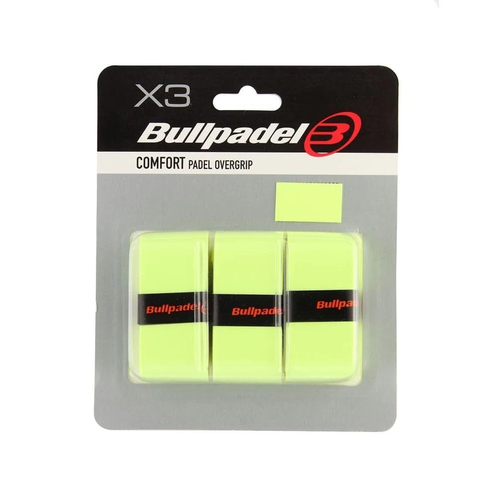 Yellow Bullpadel Comfort Overgrips for padel tennis, shown in a 3-pack, with textured grip surface for enhanced control.