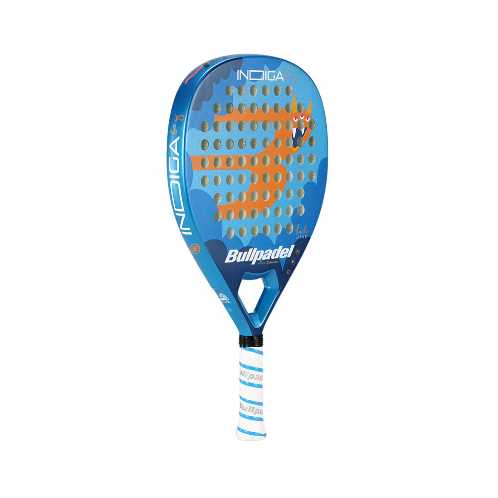 Bullpadel Indiga Boy Junior 2025 padel racket with blue grip and vibrant design, ideal for young players.