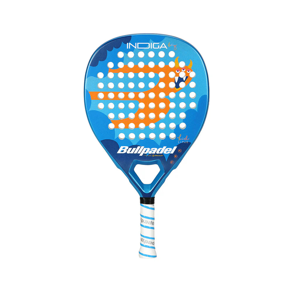 Bullpadel Indiga Boy Junior 2025 padel racket with blue and black design, featuring grip and strings visible in the image.
