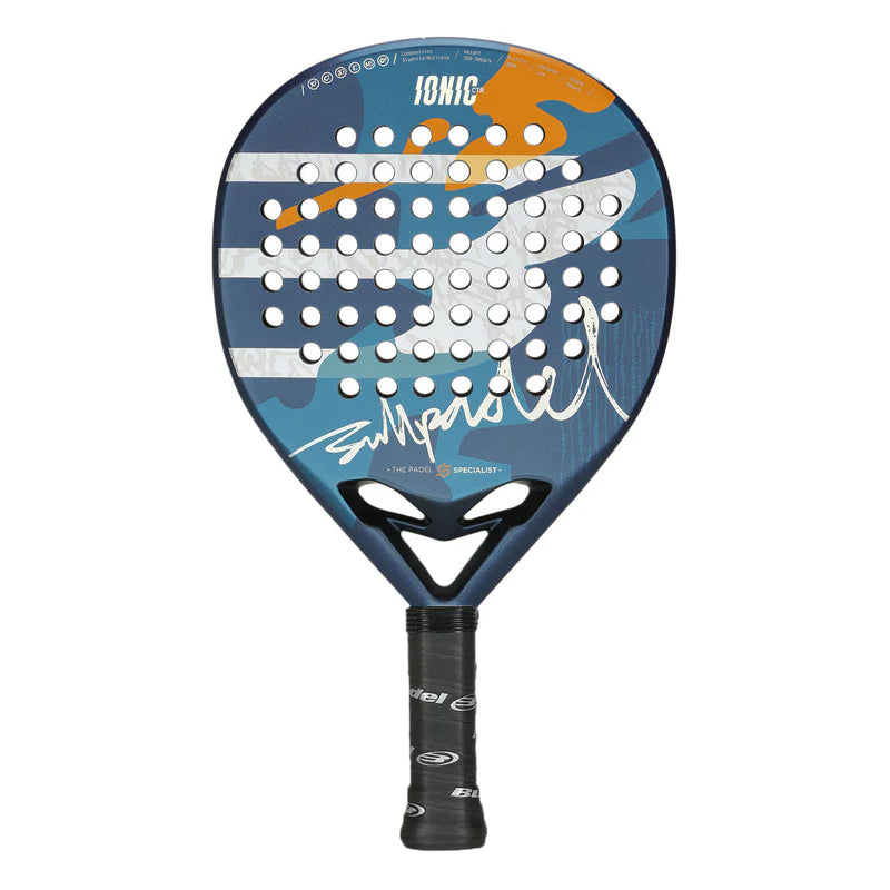 Bullpadel Ionic Control 25 padel racket with black and blue design, grip handle, and brand logo visible.