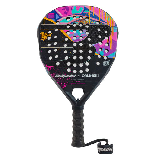 Bullpadel Neuron 02 Edge X ORLINSK Special Edition padel racket with black and white design, featuring brand logo and ergonomic grip.