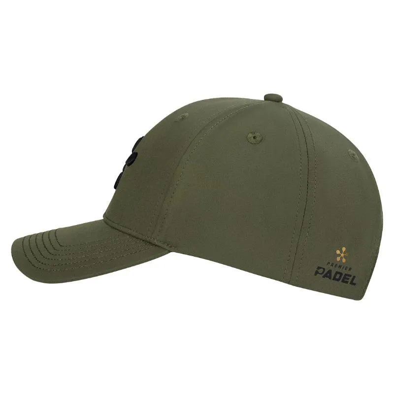 Bullpadel Premier Padel khaki baseball cap with curved brim and adjustable strap, made for sports and casual wear.