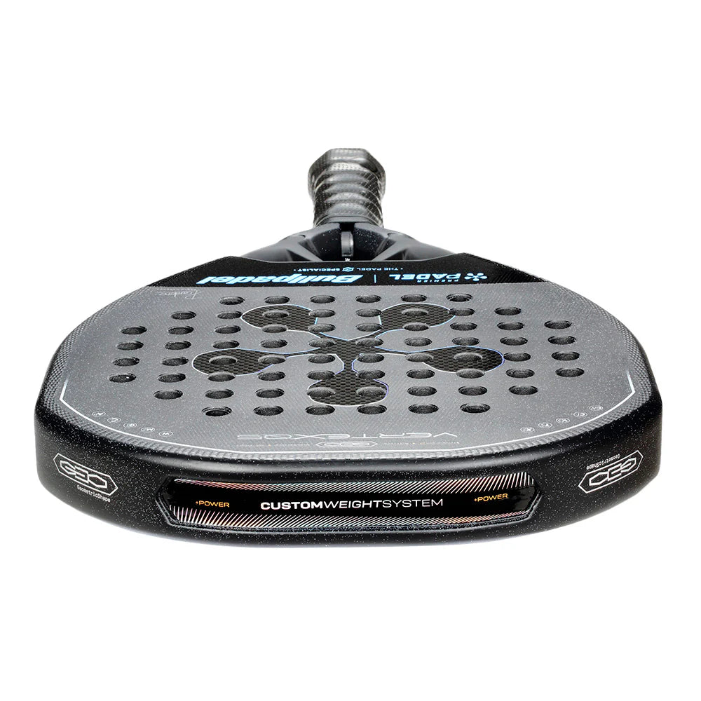 Bullpadel Vertex 05 Geo Premier padel racket with black and white design, featuring a lightweight frame and textured surface.