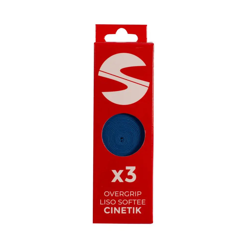 Softee Cinetik Blue overgrips for tennis rackets, three-pack, with textured surface for improved grip and comfort.